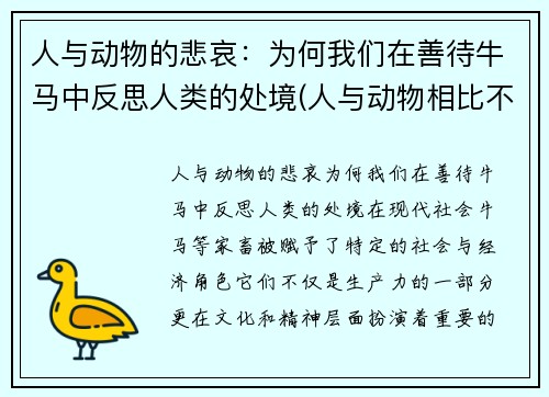 人与动物的悲哀：为何我们在善待牛马中反思人类的处境(人与动物相比不过是一架更精致更加复杂的机器)