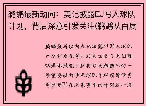 鹈鹕最新动向：美记披露EJ写入球队计划，背后深意引发关注(鹈鹕队百度百科)